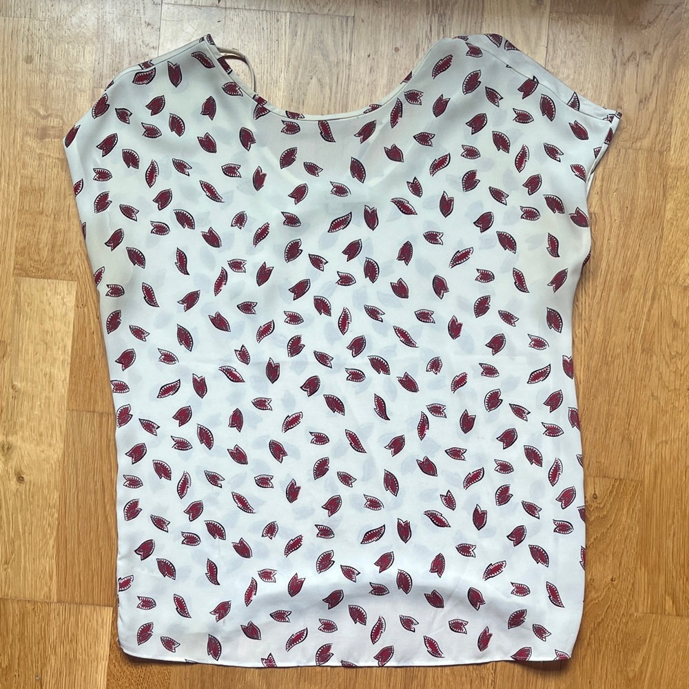 LOFT White Blouse with Red Leaf Pattern